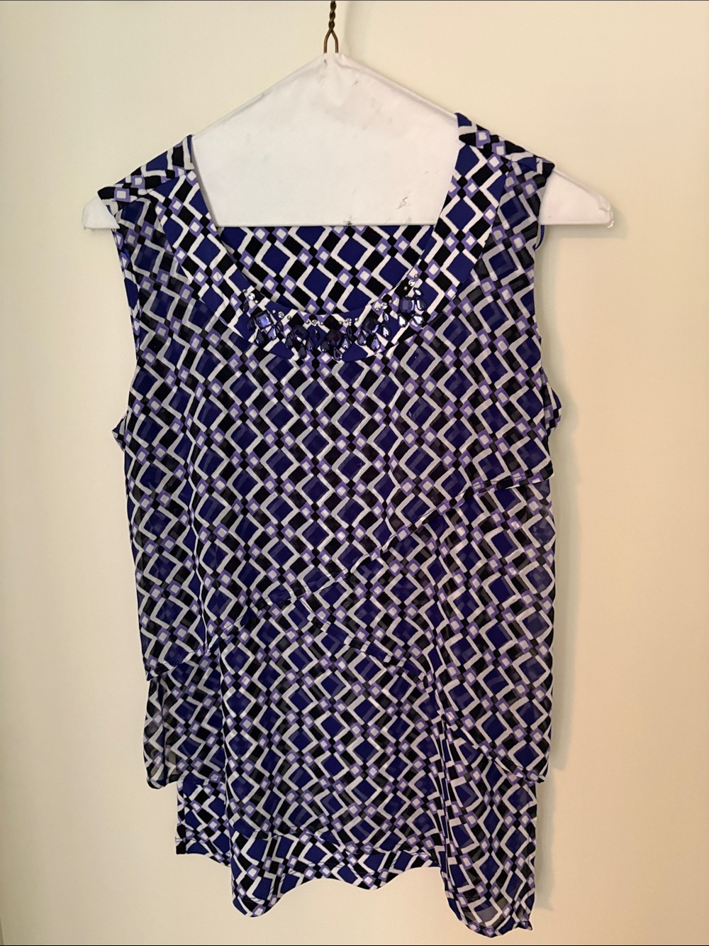 JM Collection Navy White and Black Geometric Beaded Sleeveless Top